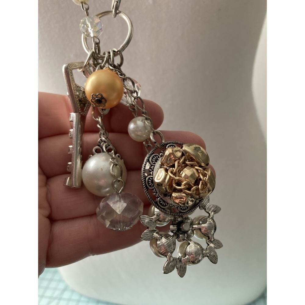 Plunder Silver Tone Charm Pendant Necklace Key Floral Mixed Metal AB Faux Pearl - Picture 6 of 7